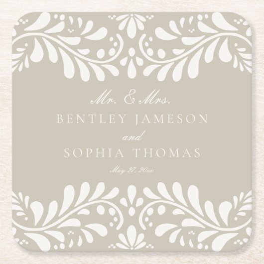 Beige Talavera Tegel Spaanse stijl Fiesta bruiloft Kartonnen Onderzetters (Voorkant)