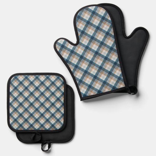 Beige Tan Bruin Donkerblauw Plaid Gingham Patroon Ovenwant & Pannenlap Set (Voorkant / Achterkant)
