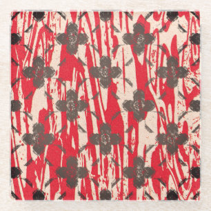 Beige, Tan en Red Pattern Flowers Glazen Onderzetter
