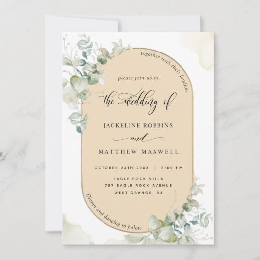 Beige Tan, Eucalyptus Oval Arch, Greenery Wedding Kaart (Voorkant)