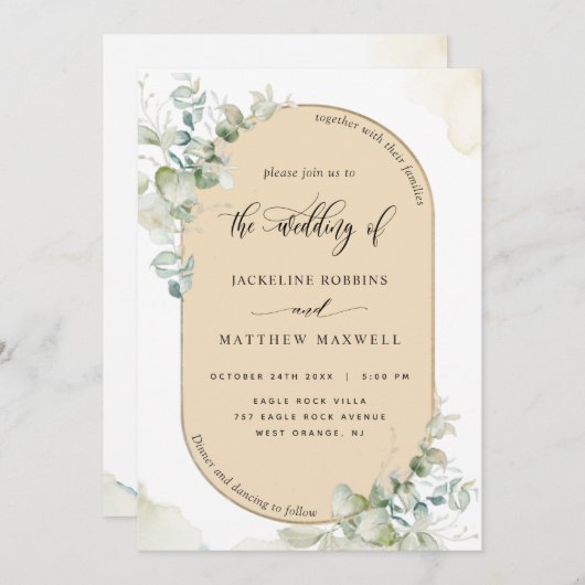 Beige Tan, Eucalyptus Oval Arch, Greenery Wedding Kaart (Voorkant / Achterkant)