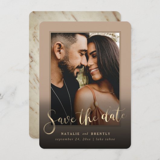 Beige Tan Gold Script & marble Photo Overlay Save The Date (Voorkant / Achterkant)