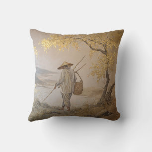 Beige Tan Goud Japanse Visser Meren Landschappelij Kussen