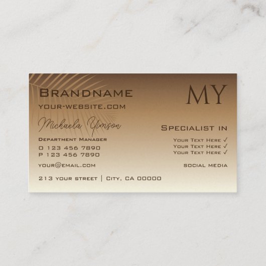Beige Tan Gradiënt en Palm Leaf met Monogram Visitekaartje (Achterkant)
