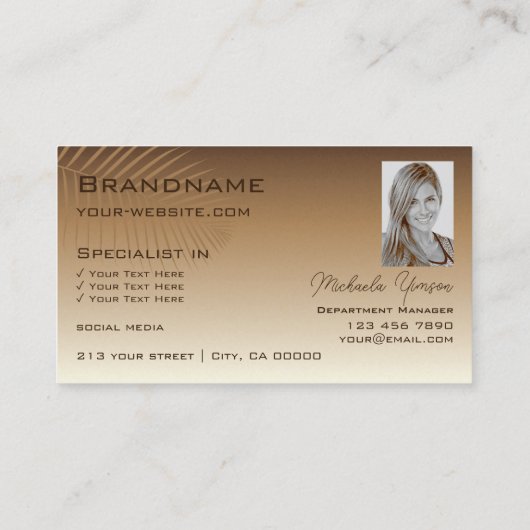 Beige Tan Gradient Palm Leaf Monogram en Foto Visitekaartje (Achterkant)