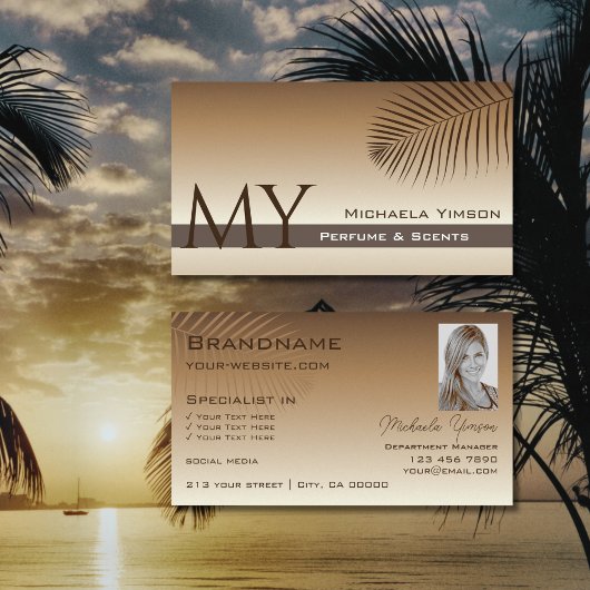 Beige Tan Gradient Palm Leaf Monogram en Foto Visitekaartje