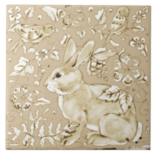 Beige Tan Ivory Bunny Rabbit Bird Leaf Tegeltje