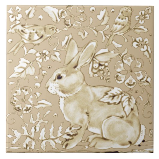 Beige Tan Ivory Bunny Rabbit Bird Leaf Tegeltje (Voorkant)