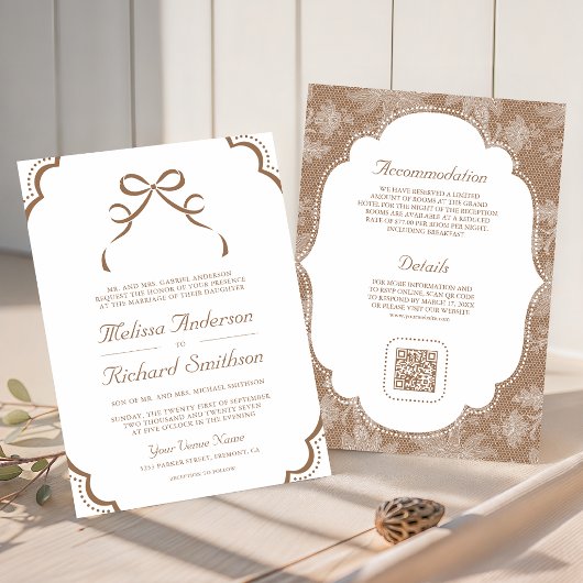 Beige Tan Witte Kant Werkbare Strik QR Code Bruilo Kaart