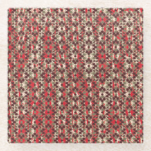 Beige, Tane en Rode Bloemen met Patroon Glazen Onderzetter
