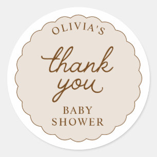 Beige Tane Gekartelde Lijst Ronde Baby Shower Sticker