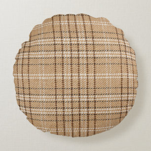 Beige Tartan: Klassiek Plaid Weave. Rond Kussen