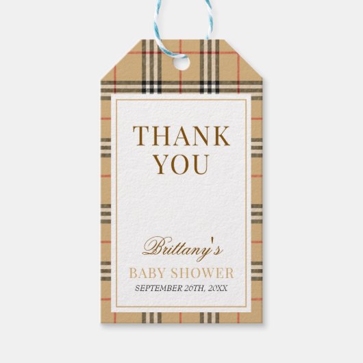 Beige Tartan Plaid Baby shower Cadeaulabel (Voorkant)