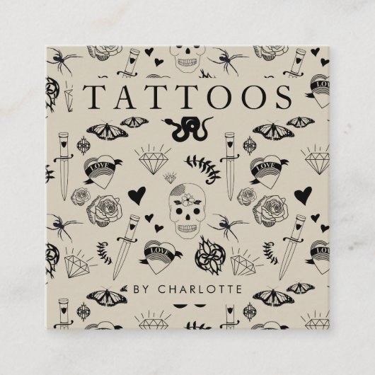 Beige Tattoo Artist Custom Social Media Icons Vierkante Visitekaartje (Voorkant)