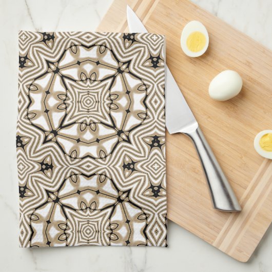 Beige Taupe Bruin Zwart Wit Bohemian Tribe Art Theedoek (Quarter Fold)