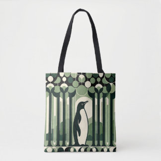 Beige Taupe Geometrische Retro 70s Pinguïn Forest Tote Bag