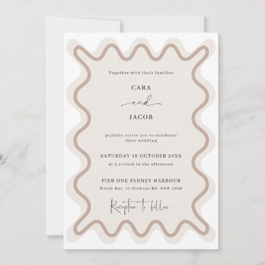 Beige Taupe golvende grens bruiloft uitnodiging (Voorkant)
