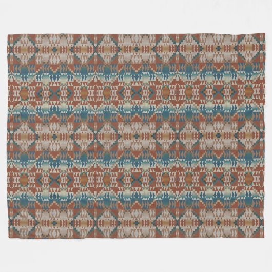 Beige Taupe Rood Bruin Blauwgroen Blauw Tribal Art Fleece Deken (Voorkant (Horizontaal))