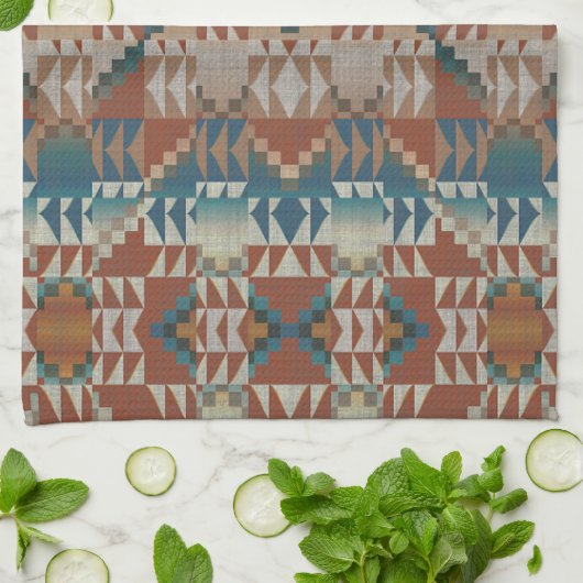 Beige Taupe Rood Bruin Blauwgroen Blauw Tribal Art Theedoek (Gevouwen)