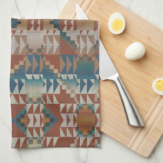 Beige Taupe Rood Bruin Blauwgroen Blauw Tribal Art Theedoek (Quarter Fold)