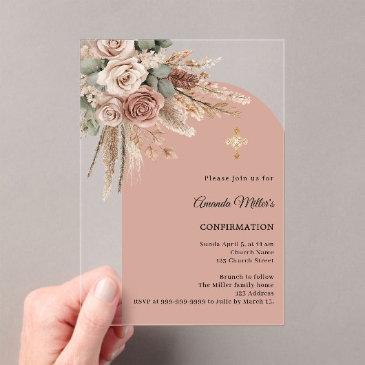 Beige taupe roses pampas arch clear Confirmation Acryl Uitnodigingen (Insitu (Draagbaar))