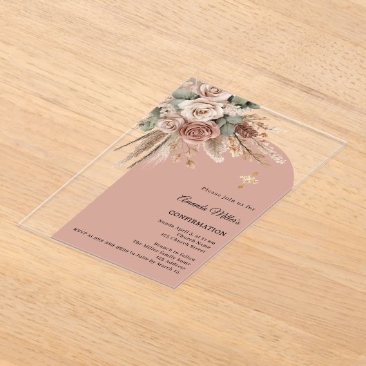 Beige taupe roses pampas arch clear Confirmation Acryl Uitnodigingen (Laagn)