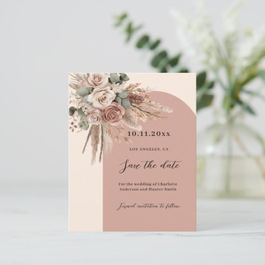 Beige taupe rozen boogbruiloft Save the Date (Staand voorkant)