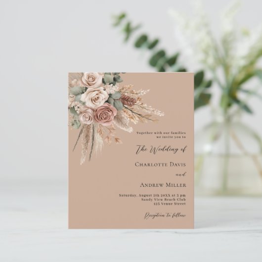 Beige taupe rozen groen boho bruiloft uitnodiging (Staand voorkant)