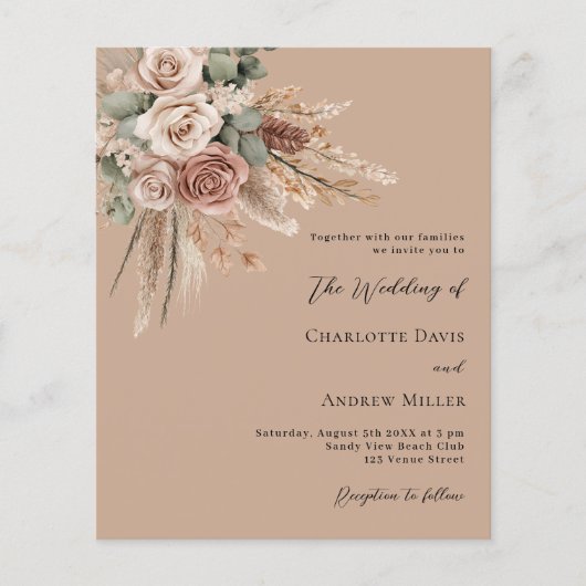 Beige taupe rozen groen boho bruiloft uitnodiging (Voorkant)