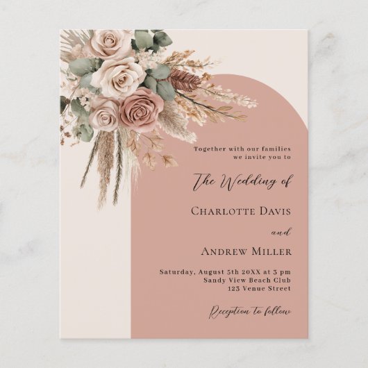 Beige taupe rozen pampas booghuwelijksuitnodiging (Voorkant)