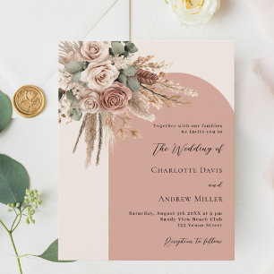 Beige taupe rozen pampas booghuwelijksuitnodiging