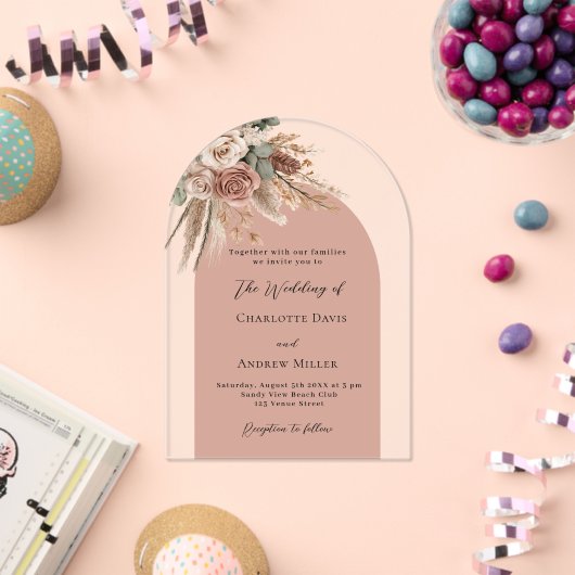 Beige taupe rozen pampas boogvrij bruiloft acryl uitnodigingen (Insitu (Viering))