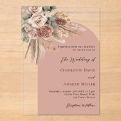 Beige taupe rozen pampas boogvrij bruiloft acryl uitnodigingen (Voorkant)