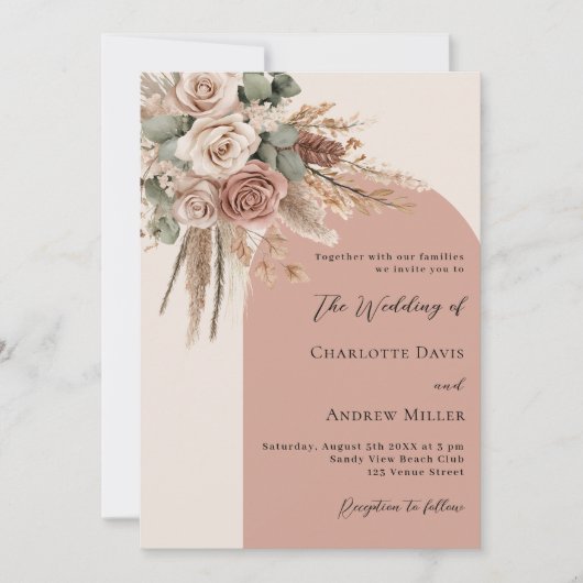 Beige taupe rozen pampas grasboog bruiloft kaart (Voorkant)