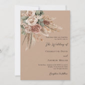 Beige taupe rozen pampas groen luxe bruiloft kaart (Voorkant)