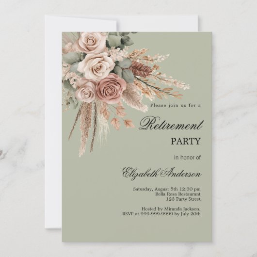 Beige taupe rozen pampas groen pensioenfeest kaart (Voorkant)