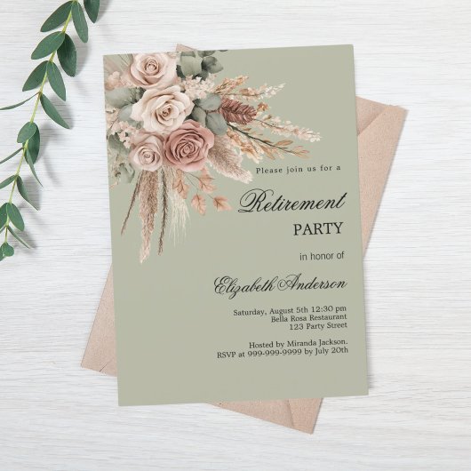 Beige taupe rozen pampas groen pensioenfeest kaart