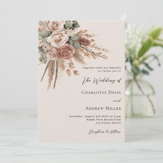 Beige taupe rozen pampasgras luxe trouwfeest kaart (Staand voorkant)