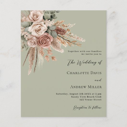 Beige taupe rozen salie groene huwelijksuitnodigin (Voorkant)