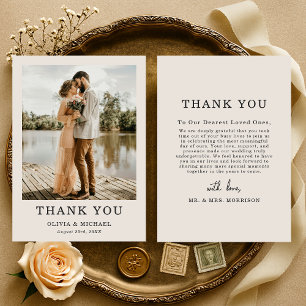 Beige Taupe Script Trouwfoto Dankkaart Bedankkaart