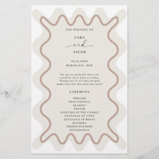 Beige Taupe Wavy Border Ceremony Programma (Voorkant)