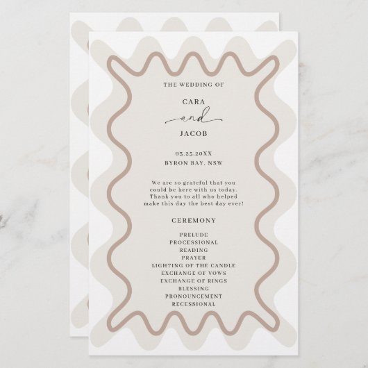Beige Taupe Wavy Border Ceremony Programma (Voorkant / Achterkant)