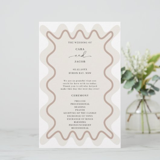 Beige Taupe Wavy Border Ceremony Programma (Staand voorkant)
