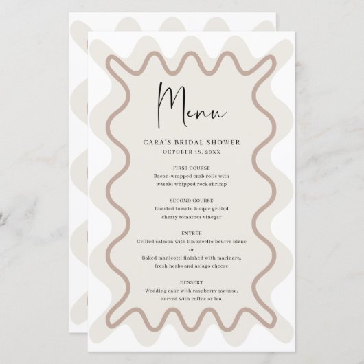 Beige Taupe Wavy Border menukaart met naam (Voorkant / Achterkant)
