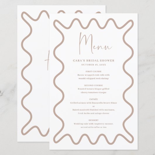 Beige Taupe Wavy Border menukaart met naam (Voorkant / Achterkant)