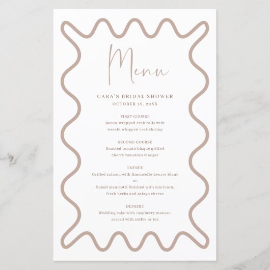 Beige Taupe Wavy Border menukaart met naam (Voorkant)