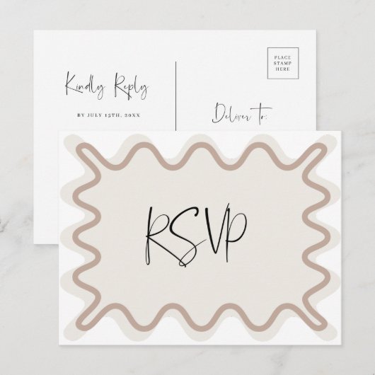 Beige Taupe Wavy Border RSVP-Briefkaart Briefkaart (Voorkant / Achterkant)