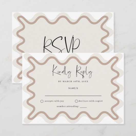 Beige Taupe Wavy Border RSVP-kaart Informatiekaartje (Voorkant / Achterkant)
