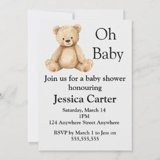Beige Teddy Bear Gender Neutral Baby Shower Invita Kaart