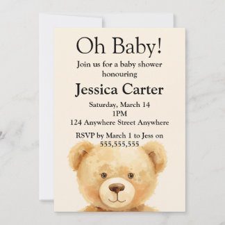 Beige Teddy Bear Gender Neutral Baby Shower  Kaart